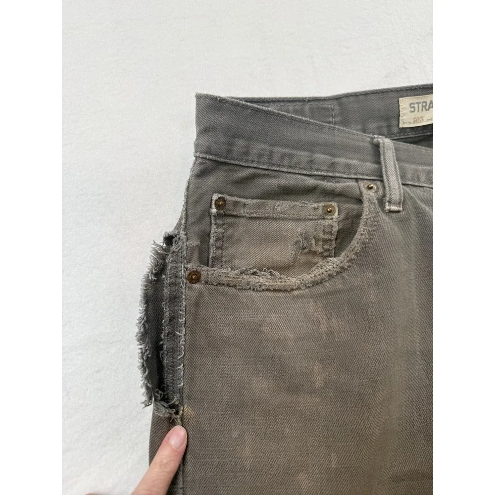 Levi's 505 Straight Fit Trashed Olive Gray Denim Jeans Size 32x32 Rips Stains